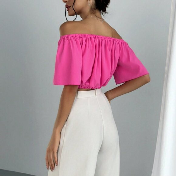 Hot Pink Casual Women's Off Shoulder V-Neckline Waisted Blouse - Picture 2 of 5